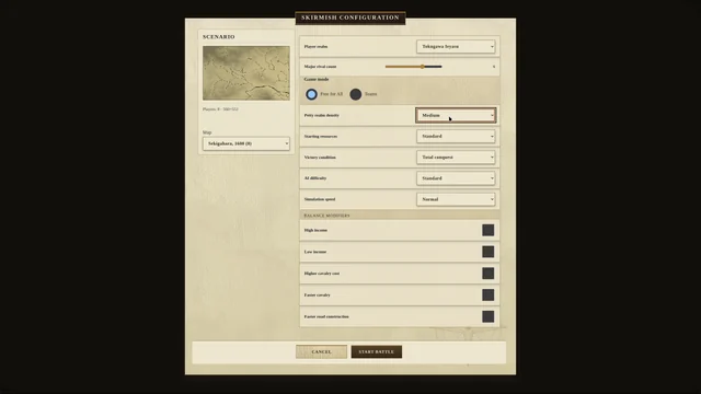 Skirmish configuration: map, opponents and battle settings.